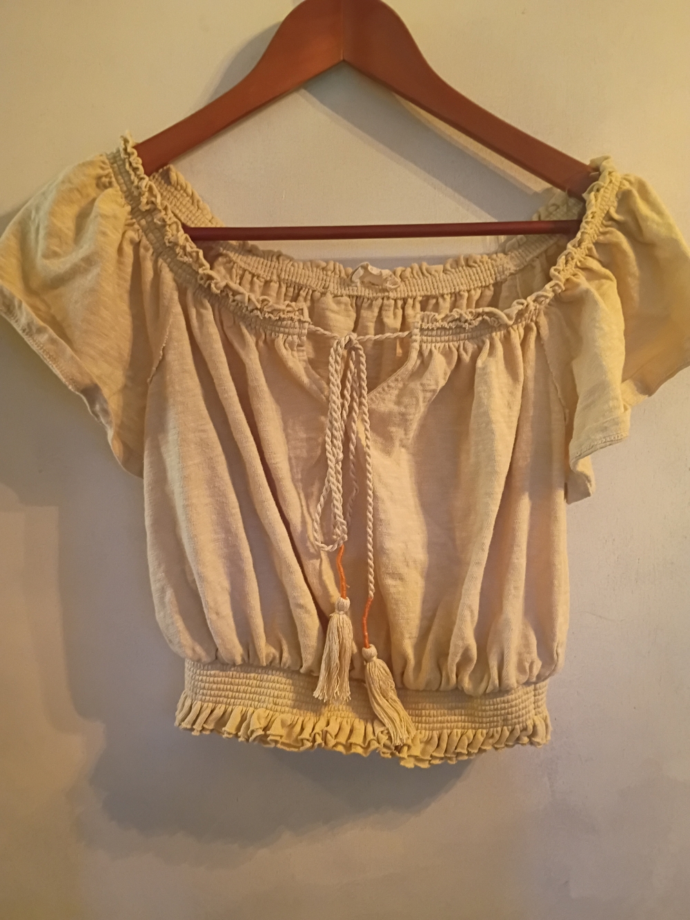 Altar'd State Pale Yellow Off-Shoulder Tassel Crop Top